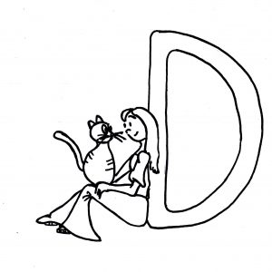 Skizze: Iara lehnt sich an den Buchstaben D